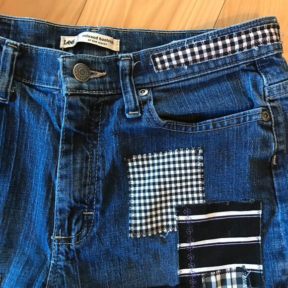 Boho Hippie Patch Jeans, Size 8 Long: Upcycled, Tropical Patchwork, Giraffes - Picture 4 of 16